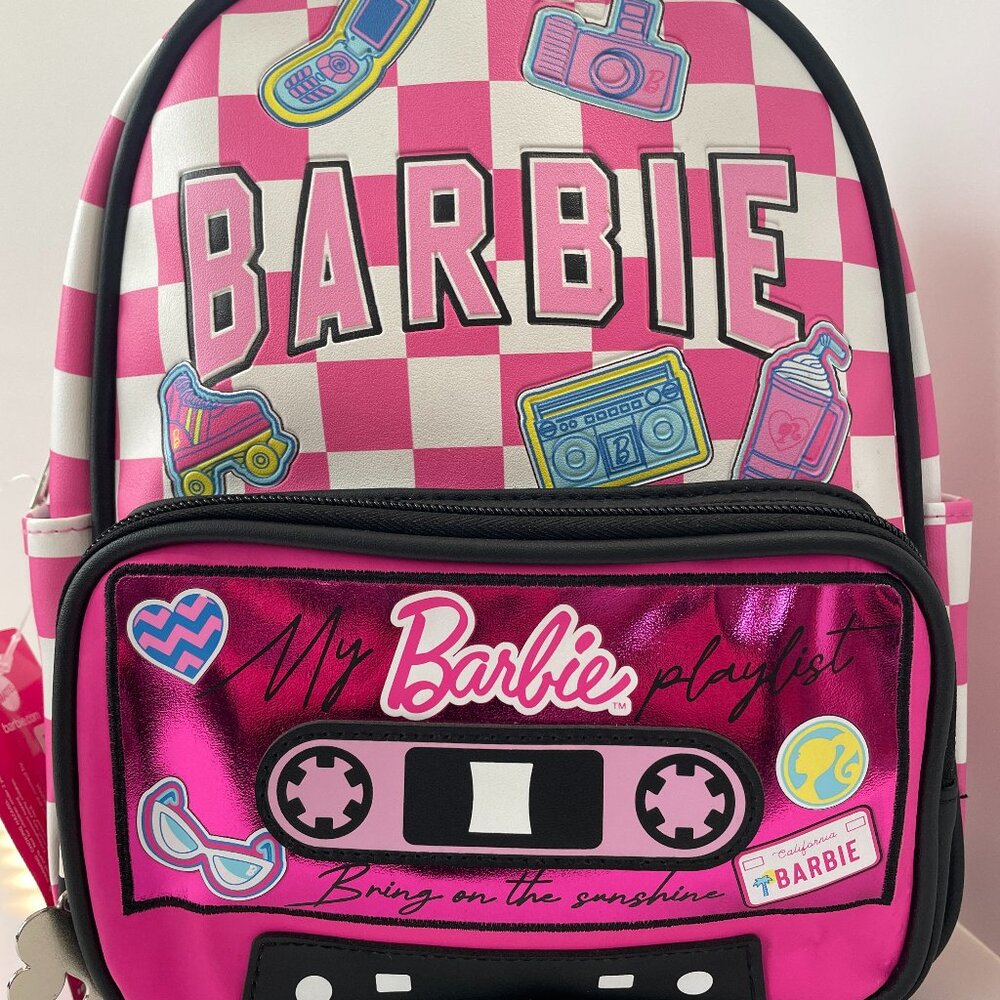 Barbie Retro Checkered Faux Leather Mini Backpack Pink Embossed NWT